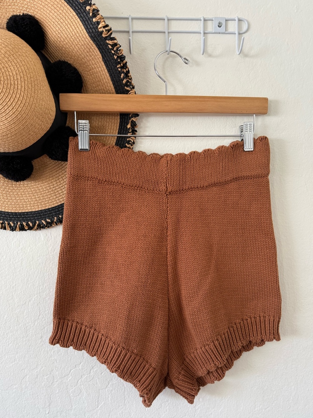 Maronie Rust Brown Scallop Edge Cozy Cotton Knit Shorts Pull On Large Boho